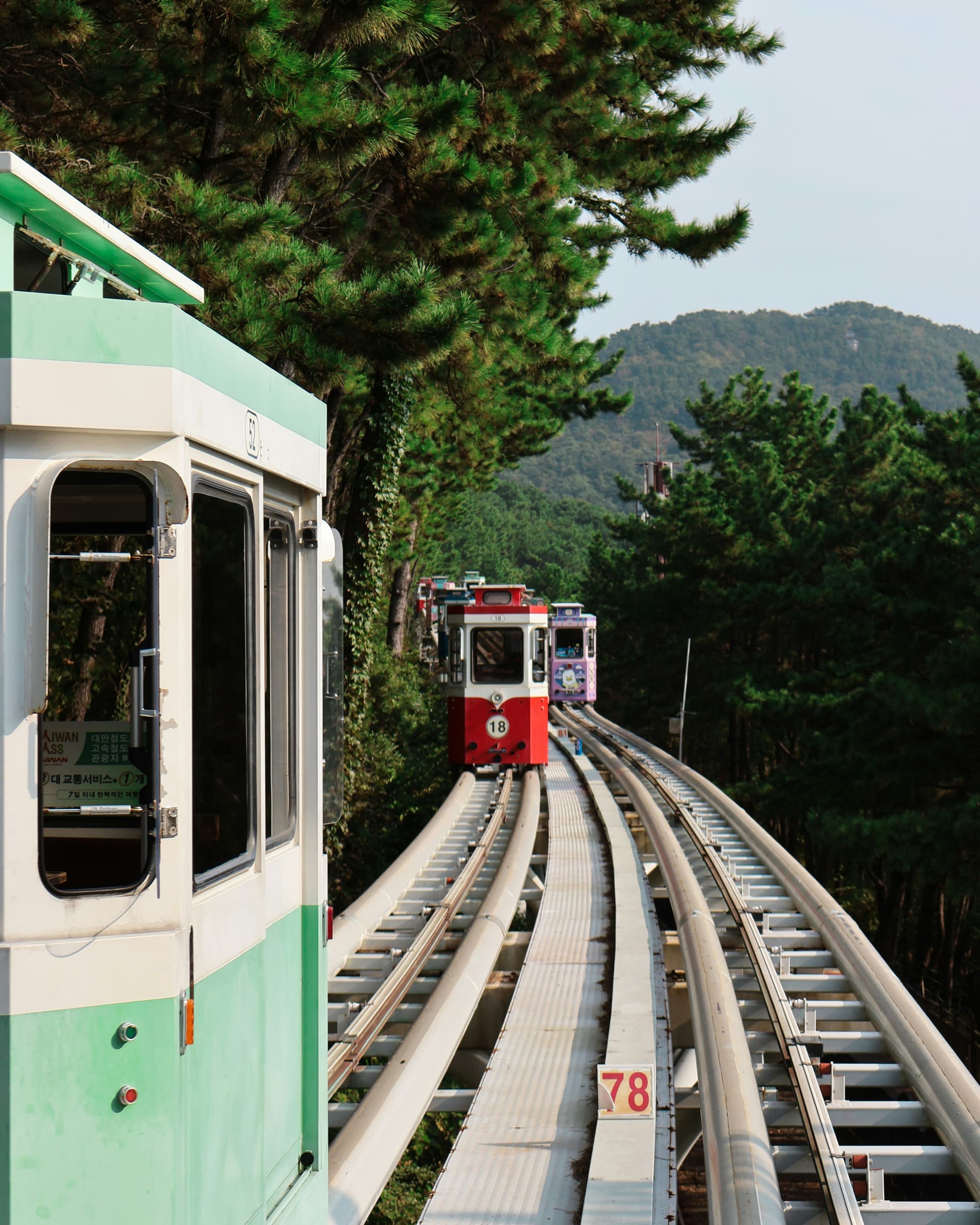 Colorful trains moving through a green landscape